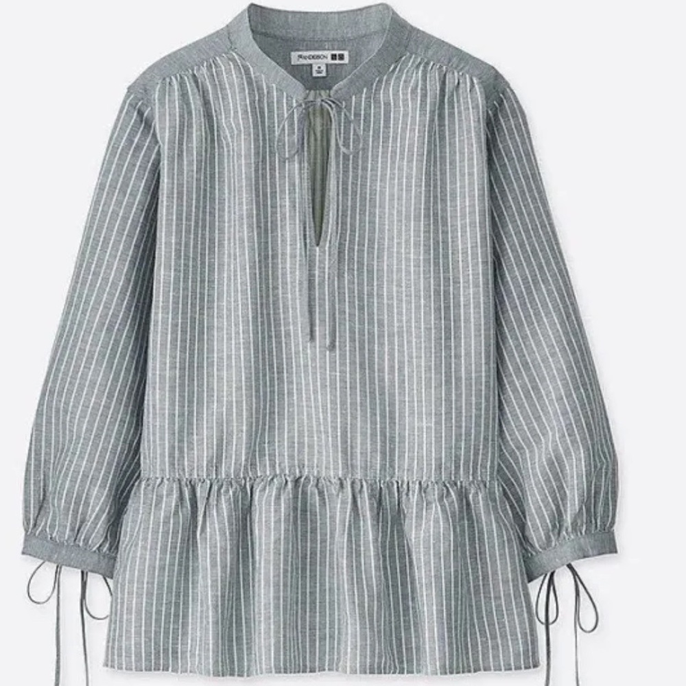 JW Anderson Uniqlo gray striped peplum balloon sleeve linen blouse top L - Picture 3 of 13